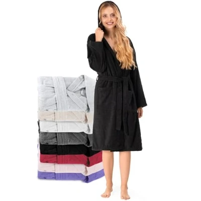 Abbildung von Bademantel Damen 100% Baumwolle (350g/m²) OEKO TEX® Zertifiziert Morgenmantel mit Kapuze, 2 Taschen, Gürtel Schwarz XL