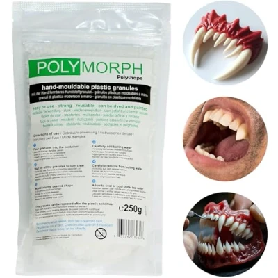 Abbildung von Polyshape Polymorph formbare Plastikgranulate für Halloween, Vampirzähne, Zahnprothesen, Spezialeffekte, Vampir zähne Erwachsene und Kinder 250g Beutel