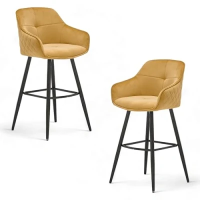 Abbildung von EMMA Barhocker 2er Set mit schwarzem Metallgestell, Gelb Bequeme Samt Stühle für Esszimmer &amp; Wohnzimmer 57 x 105 53 cm (B/H/T)