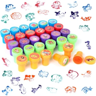 Abbildung von Romon Stempelset Tiere, 30 Stück Stempel Kinder, Niedliche Spielzeugstempel aus Plastik, Rund, Mehrfarbig, für Klassenzimmer Belohnungen, Party Taschenfüller, Kindergeburtstag Partygeschenk