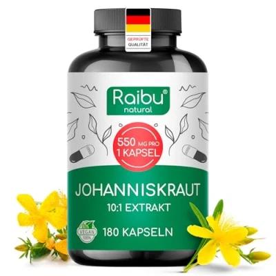 Abbildung von Johanniskraut Kapseln Hochdosiert 5500 mg pro Kapsel (10:1 Extrakt) Natürliches Hypericin 180 Kapseln, 6 Monate Vorrat Vegan &amp; Ohne Zusatzstoffe Raibu