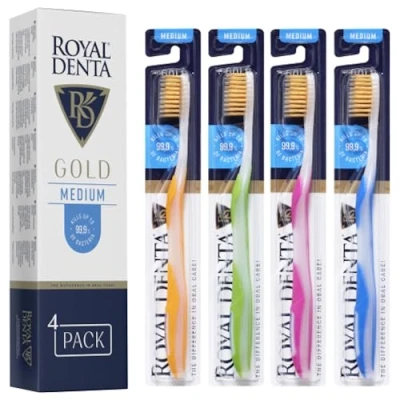 Abbildung von Royal Denta Gold Medium Zahnbürsten 4er Pack Doppellänge Borsten für Interdentalreinigung, Goldpartikel gegen Bakterien, Zahnsteinentfernung, Mittlere Stärke, Mehrfarbig