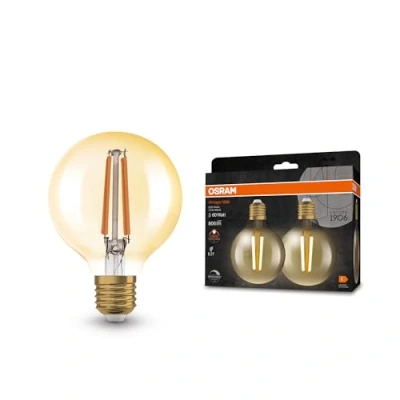 Abbildung von OSRAM Vintage 1906® Classic GLOBE80 FIL 60 LED Lampe mit Sockel 27, dimmbar, Kugelform, gold, Doppelpack, 7,2W, 806lm, 2400K, reduziertes warmweißes Licht, geringer Verbrauch, lange Lebensdauer
