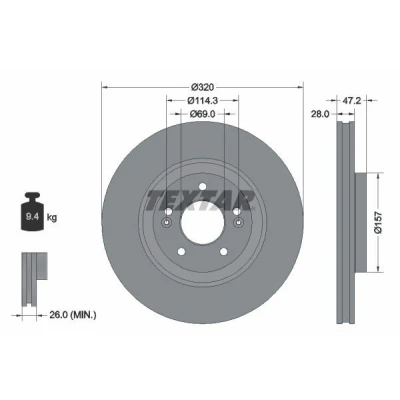 Abbildung von TEXTAR 92306303 Bremsscheibe 320 28 05/07 114,3 innenbelüftet beschichtet ohne Radbefestigungsbolzen, Radnabe HYUNDAI: Tucson, KIA: Sportage IV