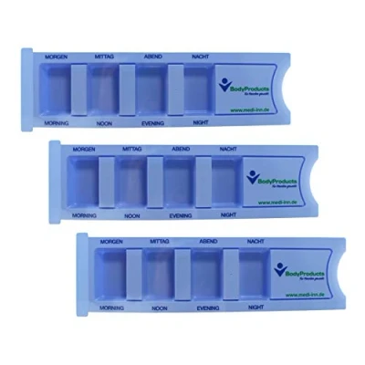 Abbildung von Medi Inn Medikamentendispenser mit 4 Fächern, blau Standard, 3 Stück, Tablettenbox für einen Tag, Pillenbox, Tagesdispenser