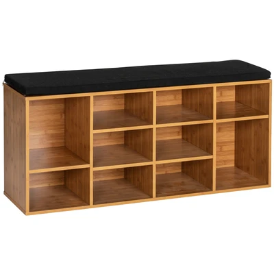 Abbildung von WENKO Schuhbank mit Sitzpolster Mod. Loft, Schuhregal Sitzfläche für bis zu 10 Paar Schuhe, Schuhschrank &amp; Sitzbank aus MDF in Bambusoptik, 103 x 48 29,5 cm, Schwarz/Natur