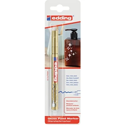 Abbildung von edding 751 Glanzlackmarker gold Packung mit 1 Lackmarker Rundspitze 2 mm Lackstift für Glas, Stein, Holz, Kunststoff und Papier wasserfest, stark deckend