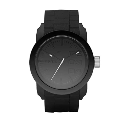 Abbildung von Diesel Herrenuhr Double Down S44, Dreizeigeruhrwerk, 44 mm Gehäuse aus schwarzem Polycarbonat mit Silikonarmband, DZ1437