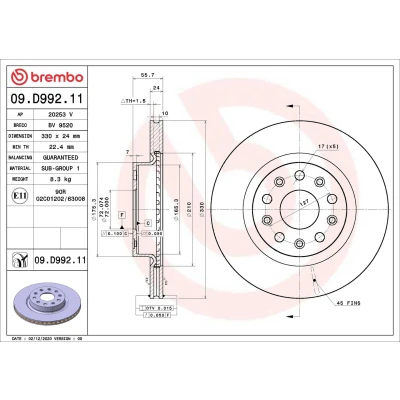 Abbildung von BREMBO 09.D992.11 Bremsscheibe 330 24 5 innenbelüftet beschichtet JEEP: Wrangler IV