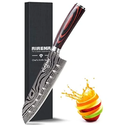 Abbildung von AIRENA Japanisches Santoku Messer, 7 inch Kochmesser Profi Messer Deutsche Karbon Edelstahlmesser Extra Scharfe Messerklinge mit Ergonomischer Griff, Beste für Home Kitchen