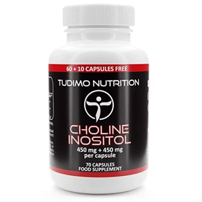 Abbildung von Cholin Inositol Kapseln Hochdosiert 900mg (450 mg + 450 mg) 70 Stück (2+ Monatsvorrat) an Schnell Auflösende Kapseln, mit je 450mg Choline Bitartrat und Bulk Pulver