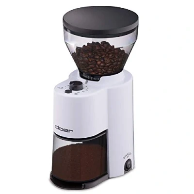 Abbildung von Cloer 7521 Elektrische Kaffeemühle mit Kegelmahlwerk aus Edelstahl, 2 12 Tassen, 300 g Kaffeebohnen, 150 W, verstellbarer Mahlgrad, weiß