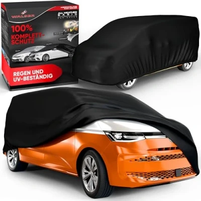 Abbildung von WALSER Abdeckplane Auto All Weather, wasserdicht, 100% wetterfeste Transporter Abdeckplane, Bus Autoplane Größe 12 schwarz kompatibel mit VW Caddy/T4/T5/T6, Mercedes Viano/Vito