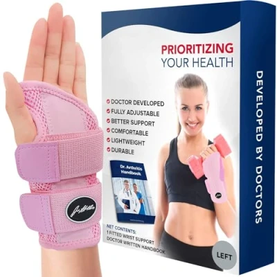 Abbildung von Von Ärzten Entworfen, Handgelenk Schiene, Perfekte Passform Bandage Sehnenscheidenentzündung / Karpaltunnelsyndrom Schiene Verstellbare Handgelenkstütze [Einzelstück, Pink, Links]