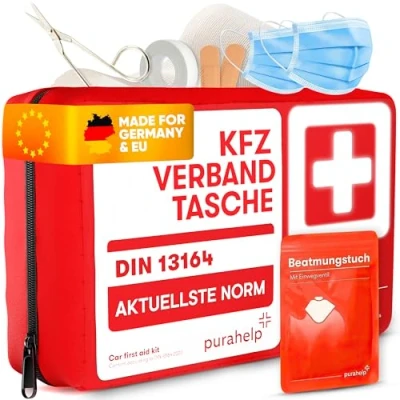 Abbildung von PURAHELP® Erste Hilfe Set Auto inkl. Beatmungstuch [DIN 13164] PKW Verbandstasche StVO Konform für 2025 KFZ Verbandskasten &amp; Sanikasten Unterwegs Notfallset Kompakt First Aid Kit Car