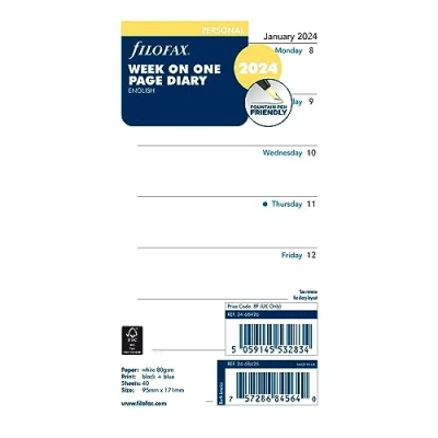 Abbildung von Filofax Kalender Tagebuch Nachfüllung, persönliche/kompakte Größe, Woche auf einer Seite, weißes Papier, unliniert, Englisch, 2024 (C68426 24)