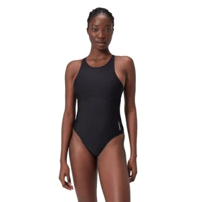 Abbildung von Speedo Damen Einfarbiger Highneck Badeanzug Fitness Weiches Hautgefühl Premium Schwimmbekleidung Badeanzug, Schwarz, L