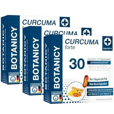 Abbildung von BOTANICY Curcuma forte 3er Pack Flüssiges NovaSOL Curcumin plus Vitamine C und D Hohe Bioverfügbarkeit, Hochdosiert, Hormonfrei 90 Kurkuma Kapseln