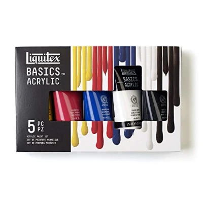 Abbildung von Liquitex 3699405 Basics Acrylfarbe, monopigmentierte Künstlerpigmente, lichtecht, mittlere Viskosität, Archivqualität, seidenglänzender Finish 5 Farben Set a 75ml
