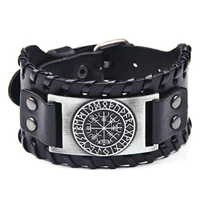Abbildung von Schwarzes Lederarmband Viking Vegvisir Compass Nordic Runes Leder Armband Armreif für Herren