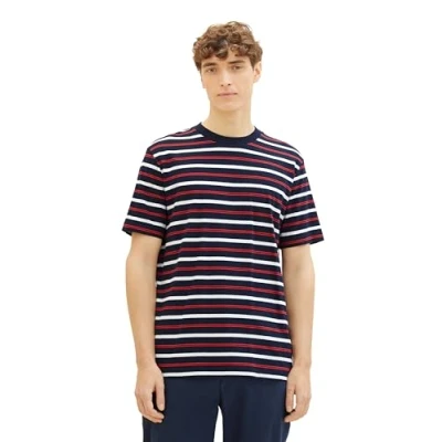 Abbildung von TOM TAILOR Denim Herren 1039591 T Shirt, 34422 Navy White Red Yd Stripe, M