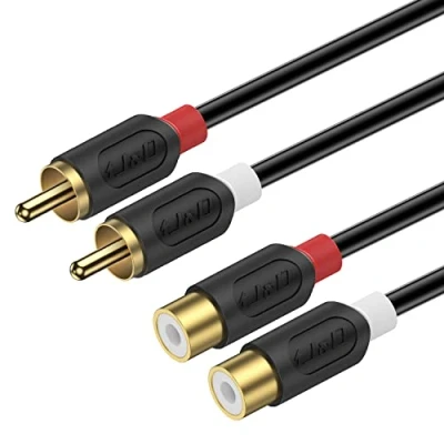 Abbildung von J&amp;D Cinch Verlängerung Kabel, RCA Cable Gold Plated Audiowave Serie 2 Männlich zu Weiblich Stereo Audio kabel für Subwoofer,Verstärker,HiFi und Heimkino, 0,9 Meter