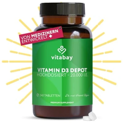 Abbildung von Vitabay Vitamin D3 Depot 20.000 I.E. 240 Vegane Tabletten D Hochdosiert 20000 Kapseln Vit