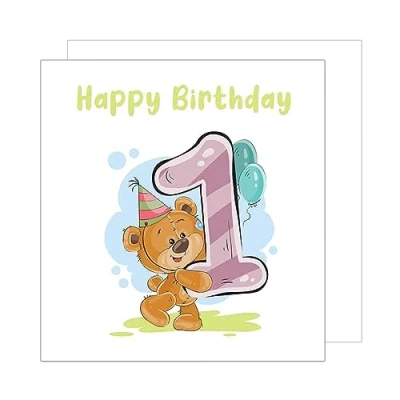 Abbildung von Edition Seidel Premium quadratische Glückwunschkarte zum 1. Geburtstag mit Umschlag. Geburtstagskarte Happy Birthday Karte Billet Mädchen Junge Baby Kind Geschenk Bär Ballons (GZQ106 1)