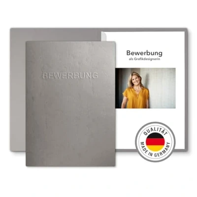 Abbildung von 10 Stück 2 teilige Bewerbungsmappen mit 1 Klemmschiene in feinster Lederstruktur und hochwertiger Prägung „BEWERBUNG“ (Grau, Stück)
