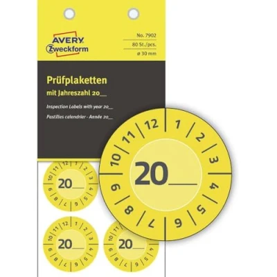 Abbildung von AVERY Zweckform 80 Stück Prüfplaketten 20xx (mit Jahreszahl zum selber eintragen, widerstandsfähig, stark selbstklebend, Ø30 mm, Prüfaufkleber, beschriftbare Prüfsiegel aus Vinyl Klebefolie) 7902 gelb