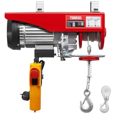 Abbildung von TEENO Elektrischer Flaschenzug, 1200 W, Überlastung, elektrische Seilwinde, 220 V, einfache und doppelte Aufhängung, 300 kg/600 kg, 6 m/min 12 m/min, Rot (300 kg)