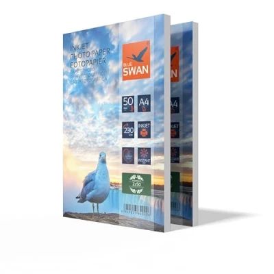 Abbildung von BLUE SWAN 100 Blatt Fotopapier A4,230g/qm, DIN A4 Hochglanz weiß wasserfest hohe Farbbrillianz,für Inkjet Drucker (Tintenstrahldrucker)