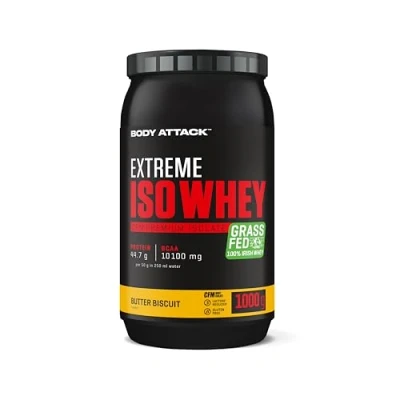 Abbildung von Body Attack Extreme Iso Whey, Butter Biscuit,1 kg, Whey Protein Pulver zum Muskelaufbau aus 100% irischer Weidemilch, fettarmes Eiweißpulver ohne Aspartam