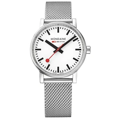 Abbildung von Mondaine Evo2 MSE.35110.SM Herren und Damen Uhr 35mm Bahnhofsuhr in Silber Edelstahl Armband 30m Wasserdicht Saphirglas mit rotem Sekundenzeiger Hergestellt der Schweiz