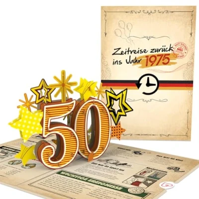 Abbildung von papercrush® Pop Up Karte „Zurück ins Jahr 1975“ Lustige 3D Geburtstagskarte zum 50. Geburtstag für Frau &amp; Mann Besondere Glückwunschkarte 50 Jahre mit lustigen Fakten Jahrgang