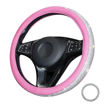Abbildung von Pahajim Universal Crystal Lenkrad Abdeckung, Leder Abdeckung mit Bling Strass, Glitter Auto für Mädchen Damen 38cm(Pink Weiß)