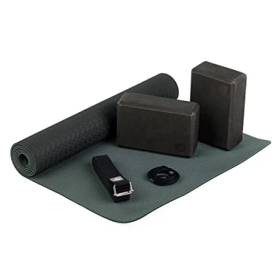 Abbildung von Bodhi Yoga Starter Set Komplett bestehend aus: 1 Yogamatte aus TPE, 2 Bricks Eva (Moosgummi) und Gurt Baumwolle Einsteiger für Anfänger (Schwarz)