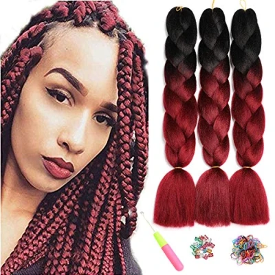 Abbildung von ShowJarlly Kanekalon Kunsthaar Haar, Haar Braids Extension, Ombre Jumbo Braid Haarverlängerung 24&quot;, Zöpfe Box Zum Einflechten Schwarz/Weinrot#