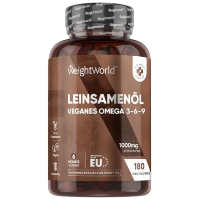 Abbildung von Omega 3 Vegan Aus Leinsamenöl 2000mg Leinöl in 2 Kapseln 180 Weichkapseln Alternative zu Algenöl 6,9, EPA &amp; DHA Fettsäure Ergänzungen ohne Gelatine Flaxseed oil von WeightWorld