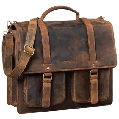 Abbildung von STILORD &#039;Fernando&#039; Ledertasche Aktentasche Vintage Große Umhängetasche für Lehrer Business Laptoptasche Trolley Aufsteckbar Echtes Leder, Farbe:mittel braun