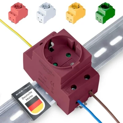 Abbildung von Schuko Steckdose [GS16] für Hutschiene 16A 230V 2P+E Einbausteckdose Verteilereinbau, Schaltschrank Zählerschrank Schutzkontaktsteckdose 35mm DIN Trägerschienenmontage (Dunkelrot)