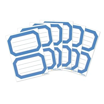 Abbildung von HERMA 5714 Buchetiketten zum Beschriften neutral blauer Rand, 12 Stück, 82 x 55 mm, selbstklebend, liniert, Buchaufkleber für Schule Kinder Mädchen Jungen, blanko Heftetiketten Aufkleber, weiß