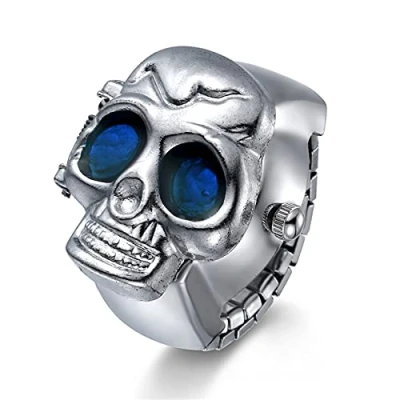 Abbildung von JewelryWe Herren Ringuhr Fingeruhr Analog Quarz Uhr Elastisch Totenkopf Schädel Ring Band Edelstahl Uhrenring