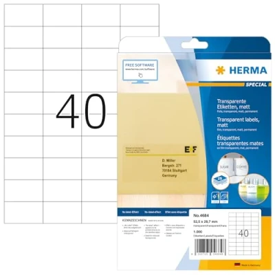 Abbildung von HERMA 4684 Wetterfeste Folienetiketten transparent, 25 Blatt, 52,5 x 29,7 mm, 40 pro A4 Bogen, 1000 Stück, selbstklebend, bedruckbar, matt, blanko Klebeetiketten Aufkleber aus Folie, durchsichtig