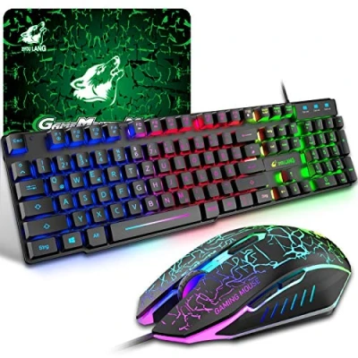 Abbildung von Gaming Tastatur und Maus Set, QWERTZ German Layout Regenbogen LED Hintergrundbeleuchtung Ergonomische Keyboard 6 Tasten 2400 DPI Mauspad, USB Verkabelt, Kompatibel mit PS4 Xbox, Schwarz
