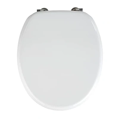 Abbildung von WENKO WC Sitz Mod. Valencia aus MDF in Weiß mit rostfreier Edelstahlbefestigung Maße Deckel 36 x 43 cm Außenring 37,5 43,5 Innenring 22,2 26,5