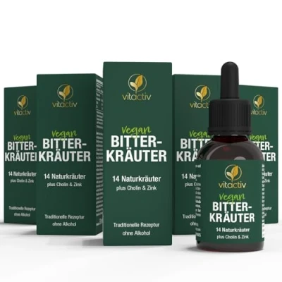 Abbildung von VITACTIV Bitterkräuter Bittertropfen Ohne Alkohol Erlesene Kräuter plus Cholin &amp; Zink Bitterstoffe Tropfen nach Hildegard von Bingen Künstliche Zusätze, Zuckerfrei, Vegan 250ml