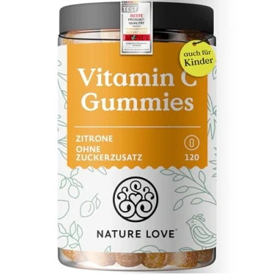Abbildung von NATURE LOVE® Vitamin C Gummies 120 Stück 120mg pro Tagesdosis für Erwachsene, 40mg Kinder ohne Zuckerzusatz oder Süßungsmittel Gummibärchen mit 91% Fruchtanteil vegan und laborgeprüft
