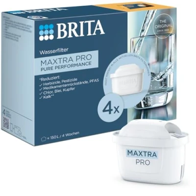 Abbildung von BRITA Wasserfilter Kartuschen MAXTRA PRO All in 1 4er PackOriginal Ersatzkartusche Für alle Kannen. frisches Wasser. Filtert Mikroverunreinigungen wie PFAS, Chlor, Kalk &amp; Metalle