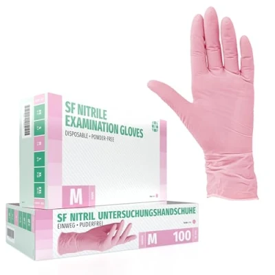 Abbildung von SF Nitrilhandschuhe M Rosa 100 Stück Einweghandschuhe, Einmalhandschuhe, Medizinische Handschuhe, Puderfrei, Latexfrei, Handschuhe Einweg zum Kochen, Putzen, für Medizin, Küche, Kosmetik, Haushalt
